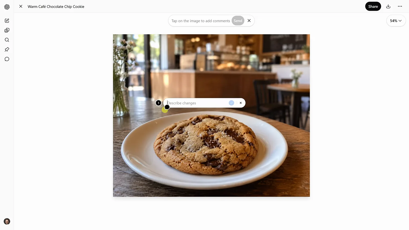 A comment pin dropped beside the cookie in the ChatGPT Images 2.5 editor with the typed instruction to add a glass of milk right there A comment pin dropped beside the cookie in the ChatGPT Images 2.5 editor with the typed instruction to add a glass of milk right there