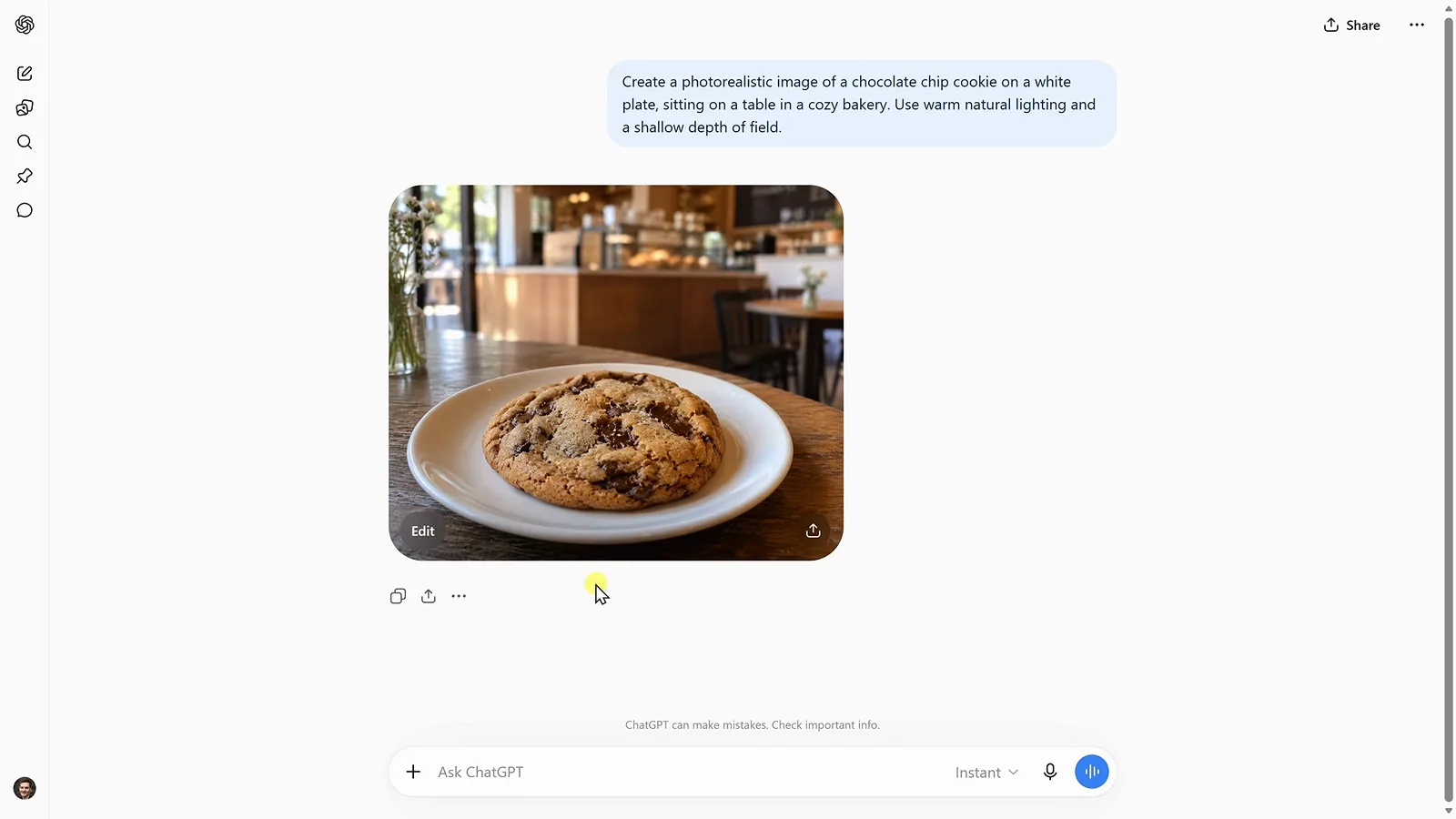 First ChatGPT Images 2.5 result for the chocolate chip cookie prompt with the prompt bubble sitting above the generated bakery photo First ChatGPT Images 2.5 result for the chocolate chip cookie prompt with the prompt bubble sitting above the generated bakery photo
