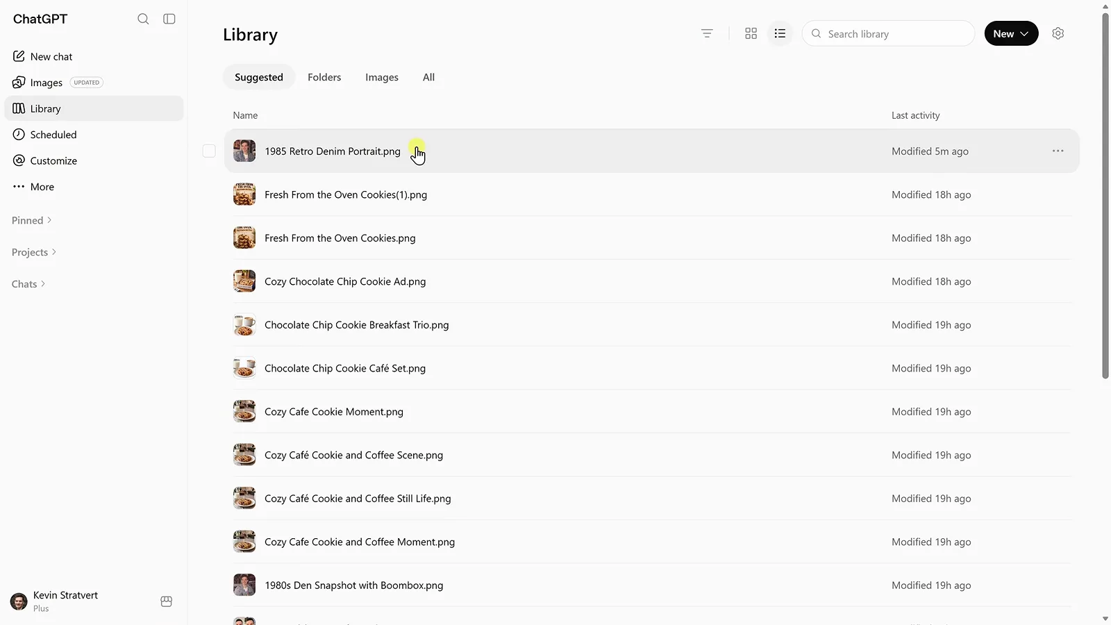 ChatGPT Library file list naming generated Images 2.5 PNG files such as Fresh From the Oven Cookies with their last-modified timestamps ChatGPT Library file list naming generated Images 2.5 PNG files such as Fresh From the Oven Cookies with their last-modified timestamps