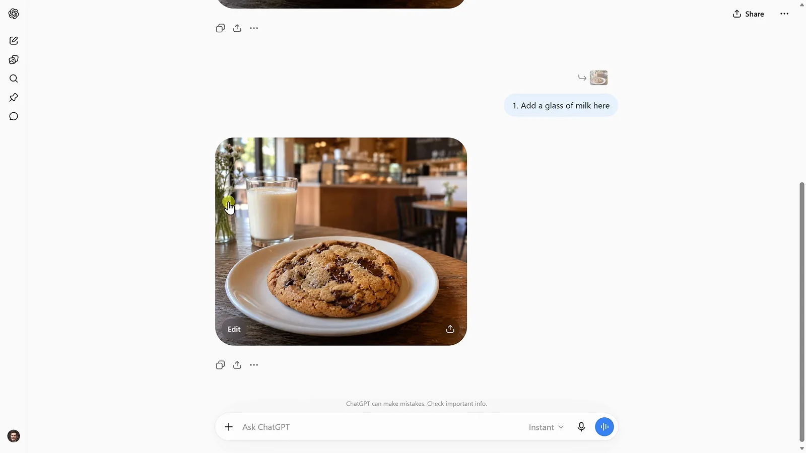 Chocolate chip cookie photo after a ChatGPT Images 2.5 comment edit added a glass of milk exactly where the pin was placed Chocolate chip cookie photo after a ChatGPT Images 2.5 comment edit added a glass of milk exactly where the pin was placed