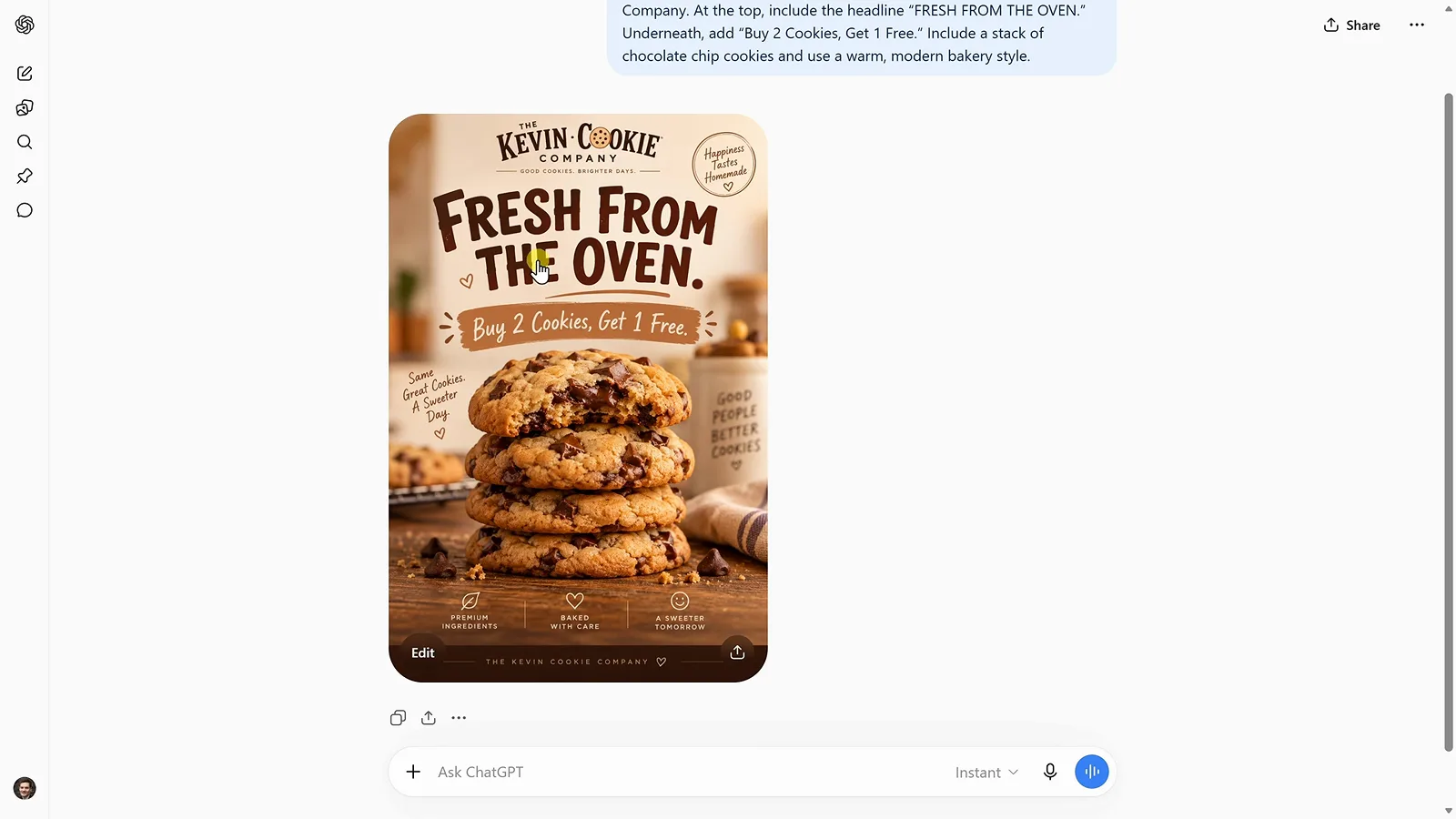 Finished Fresh From The Oven poster generated by ChatGPT Images 2.5 with stacked cookies, a Buy 2 Cookies Get 1 Free banner, and badge details Finished Fresh From The Oven poster generated by ChatGPT Images 2.5 with stacked cookies, a Buy 2 Cookies Get 1 Free banner, and badge details