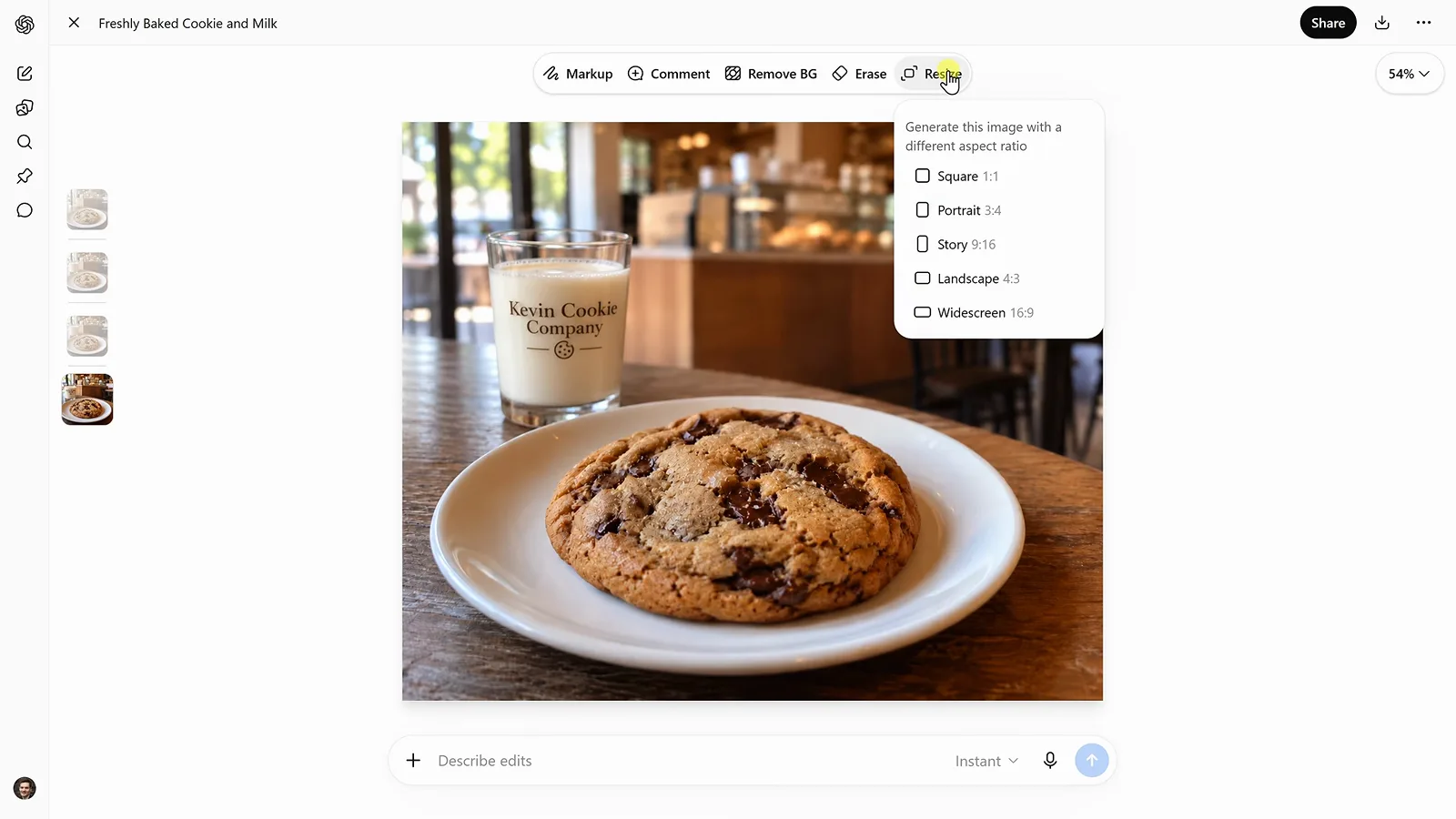 Resize dropdown open in the ChatGPT Images 2.5 editor listing Square 1:1, Portrait 4:5, Story 9:16, Landscape 4:3, and Widescreen 16:9 aspect ratios Resize dropdown open in the ChatGPT Images 2.5 editor listing Square 1:1, Portrait 4:5, Story 9:16, Landscape 4:3, and Widescreen 16:9 aspect ratios