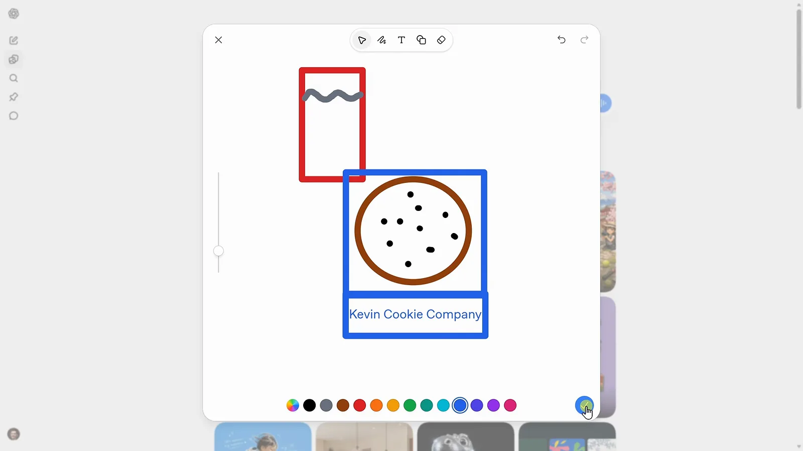 A rough sketch on the ChatGPT Images 2.5 canvas showing a red milk carton, a chocolate chip cookie, and a Kevin Cookie Company text box A rough sketch on the ChatGPT Images 2.5 canvas showing a red milk carton, a chocolate chip cookie, and a Kevin Cookie Company text box