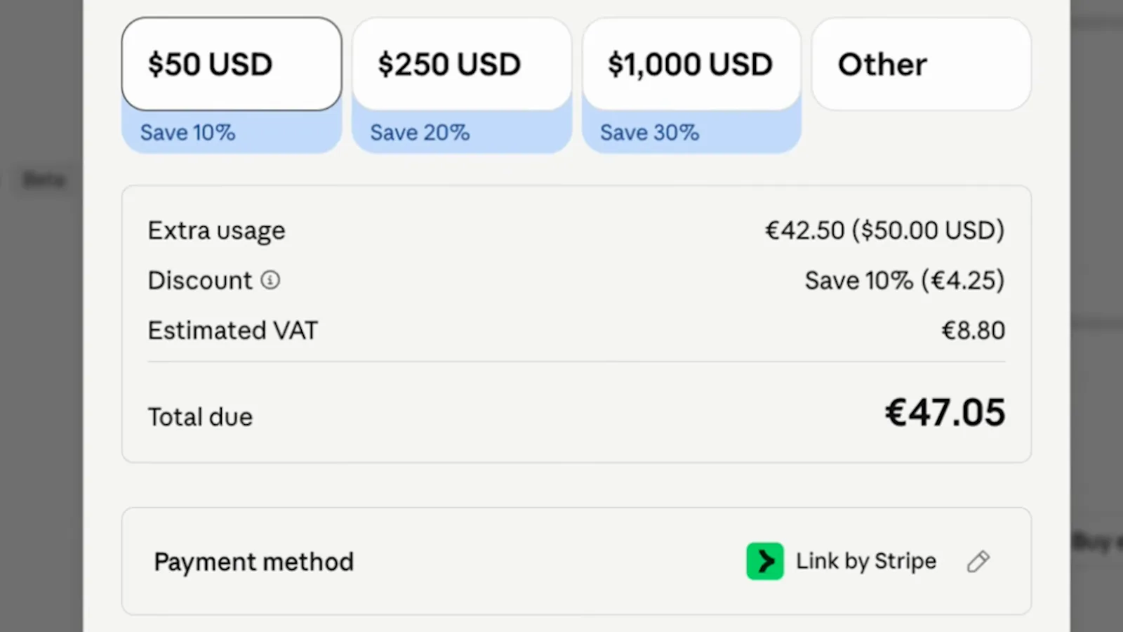 Claude buy extra usage checkout dialog showing 50, 250 and 1,000 USD packs with Save 10, 20 and 30 percent discounts and a total due of 47.05 euros paid by Link by Stripe