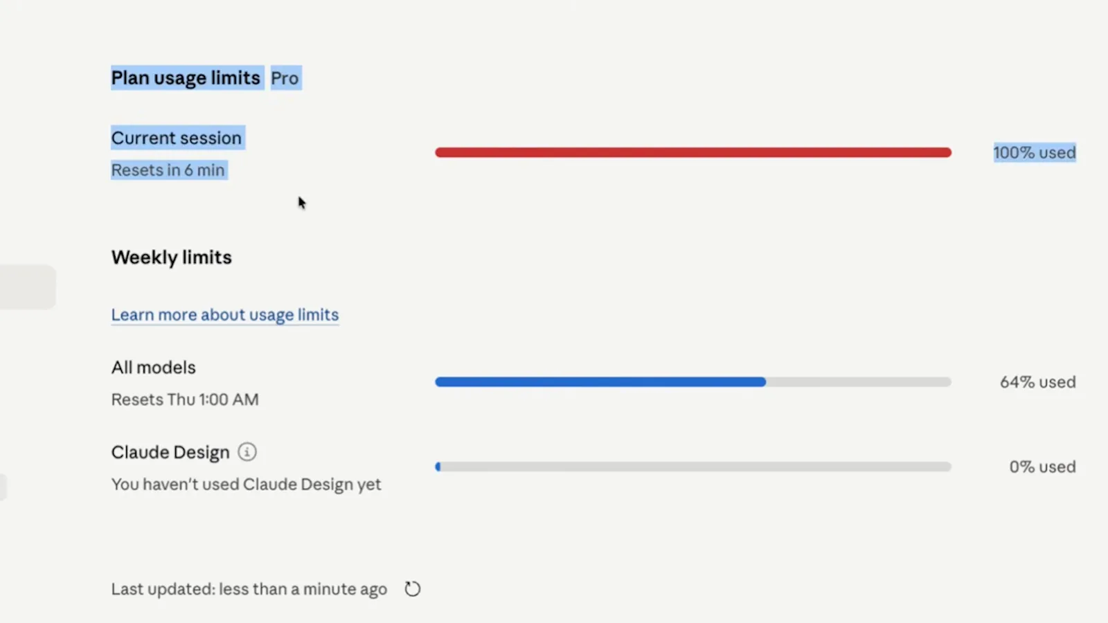 Annotated Claude usage panel with blue highlights on the Plan usage limits heading and the current session row reading 100 percent used and resets in 6 min