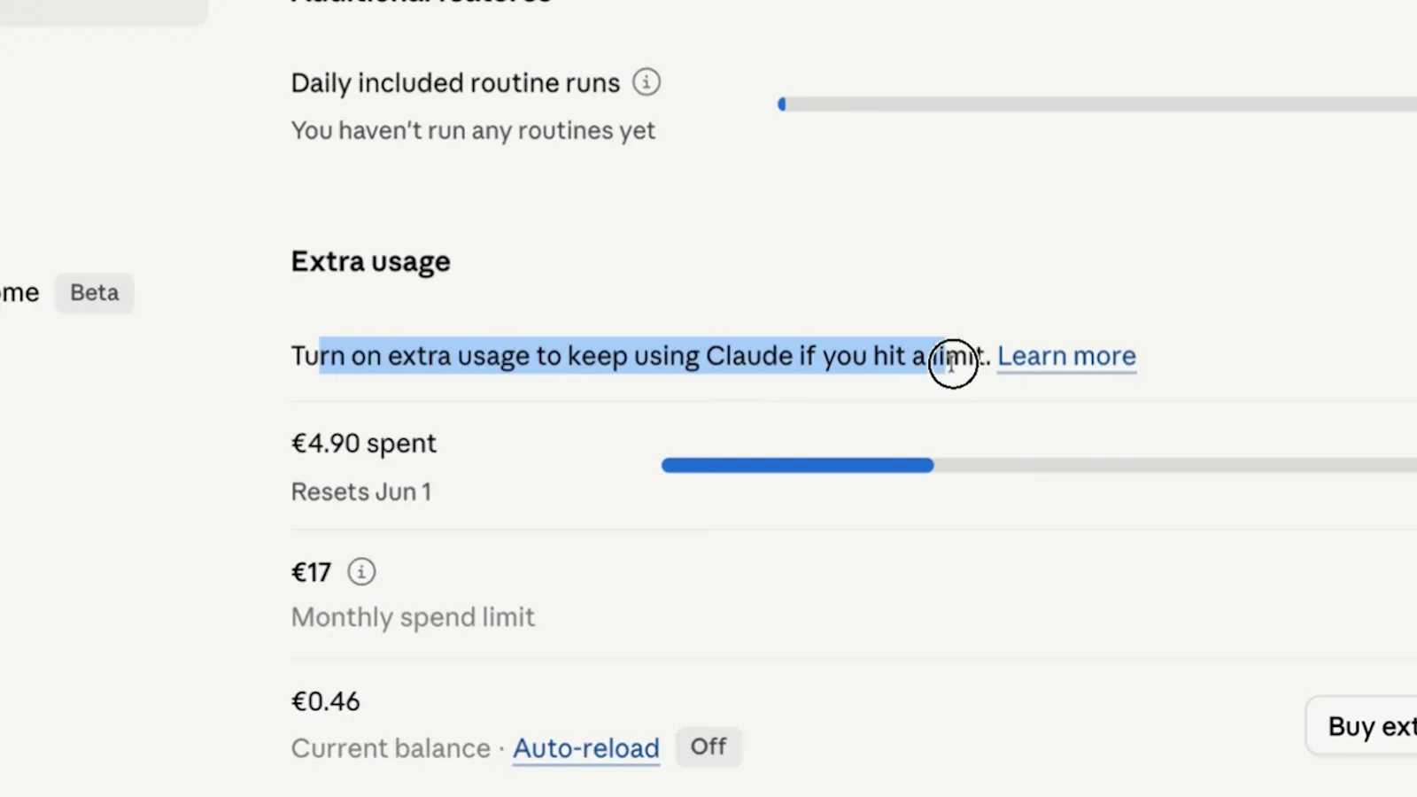 Claude settings Extra usage section with the line Turn on extra usage to keep using Claude if you hit a limit highlighted above a spent progress bar and a monthly spend limit