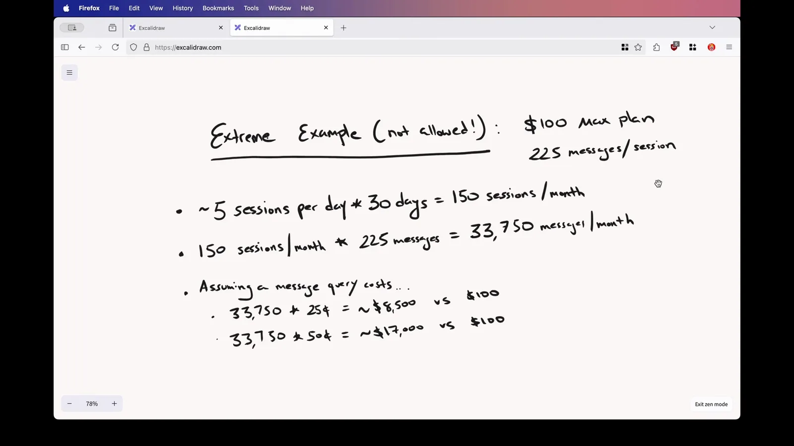 Handwritten cost calculation showing 150 sessions per month times 225 messages equals 33,750 messages, costing about $8,500 to $17,000 against a $100 Max plan