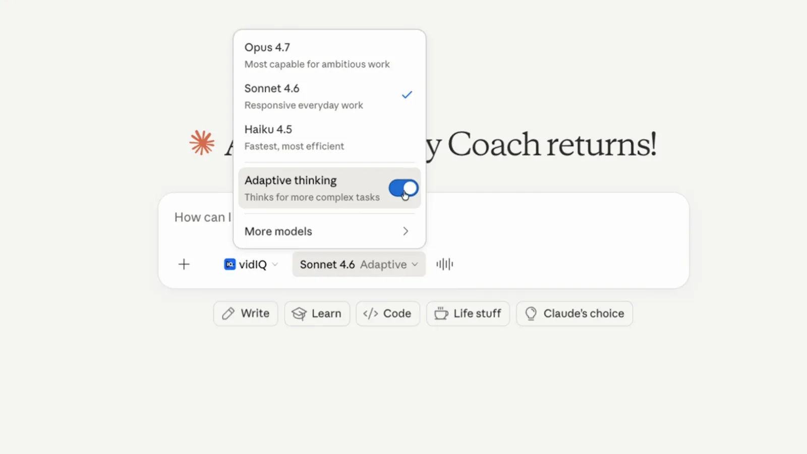 Claude model picker dropdown open showing Opus 4.7 for ambitious work, Sonnet 4.6 with a checkmark and Haiku 4.5 as fastest most efficient, with the cursor on the Adaptive thinking toggle