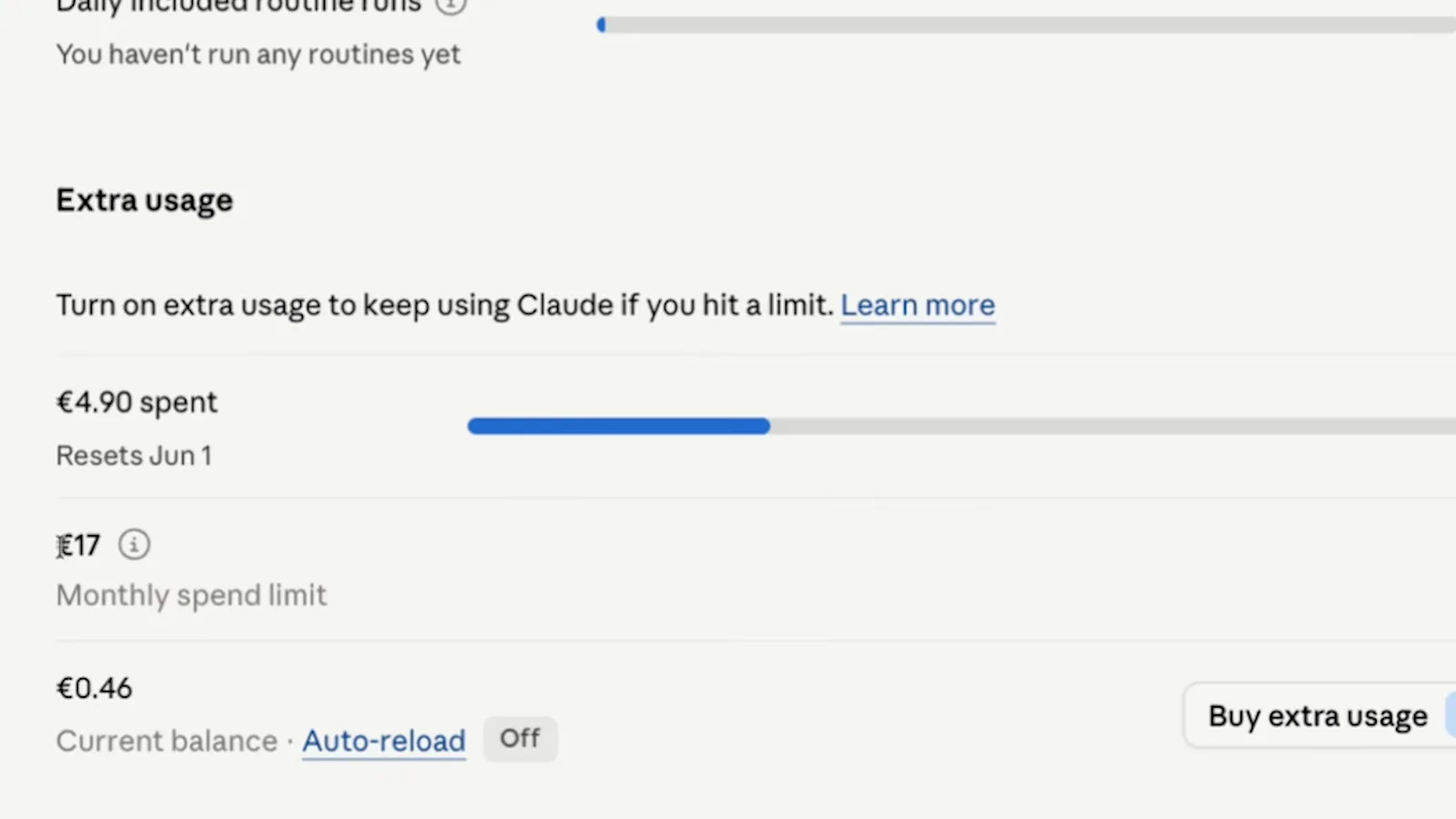 Extra usage settings panel showing 4.90 spent of a 17 euro monthly spend limit with a 0.46 current balance, Auto-reload set to Off and a Buy extra usage button