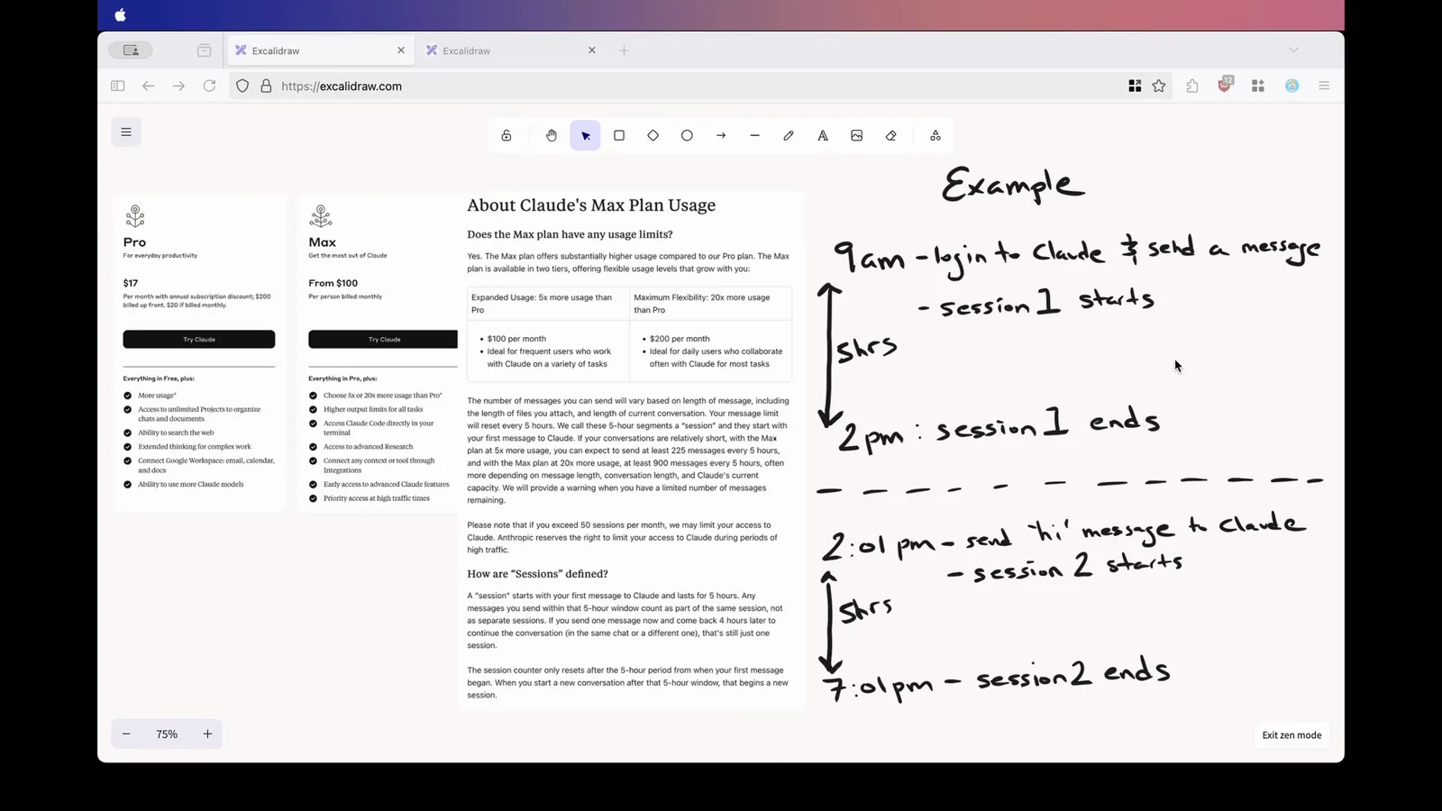 Whiteboard screenshot of Anthropic's How are Sessions defined help text beside a handwritten timeline where a 9 am login starts session one and a 2:01 pm message starts session two