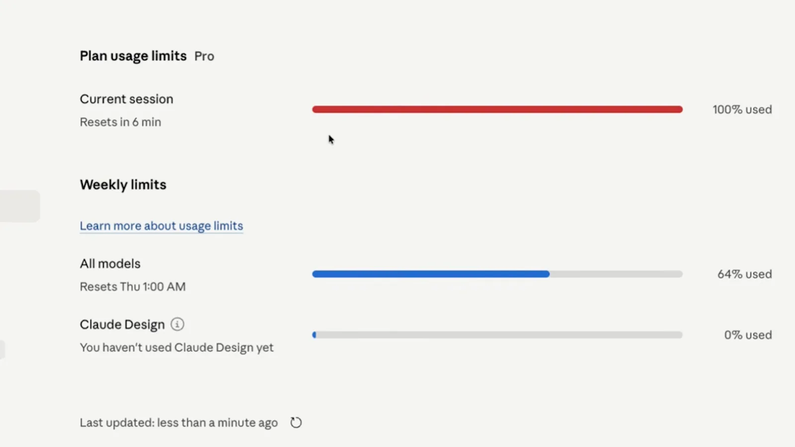 Close-up of Claude plan usage limits showing the current session bar 100 percent used in red above a weekly limits section with the all models bar at 64 percent used in blue