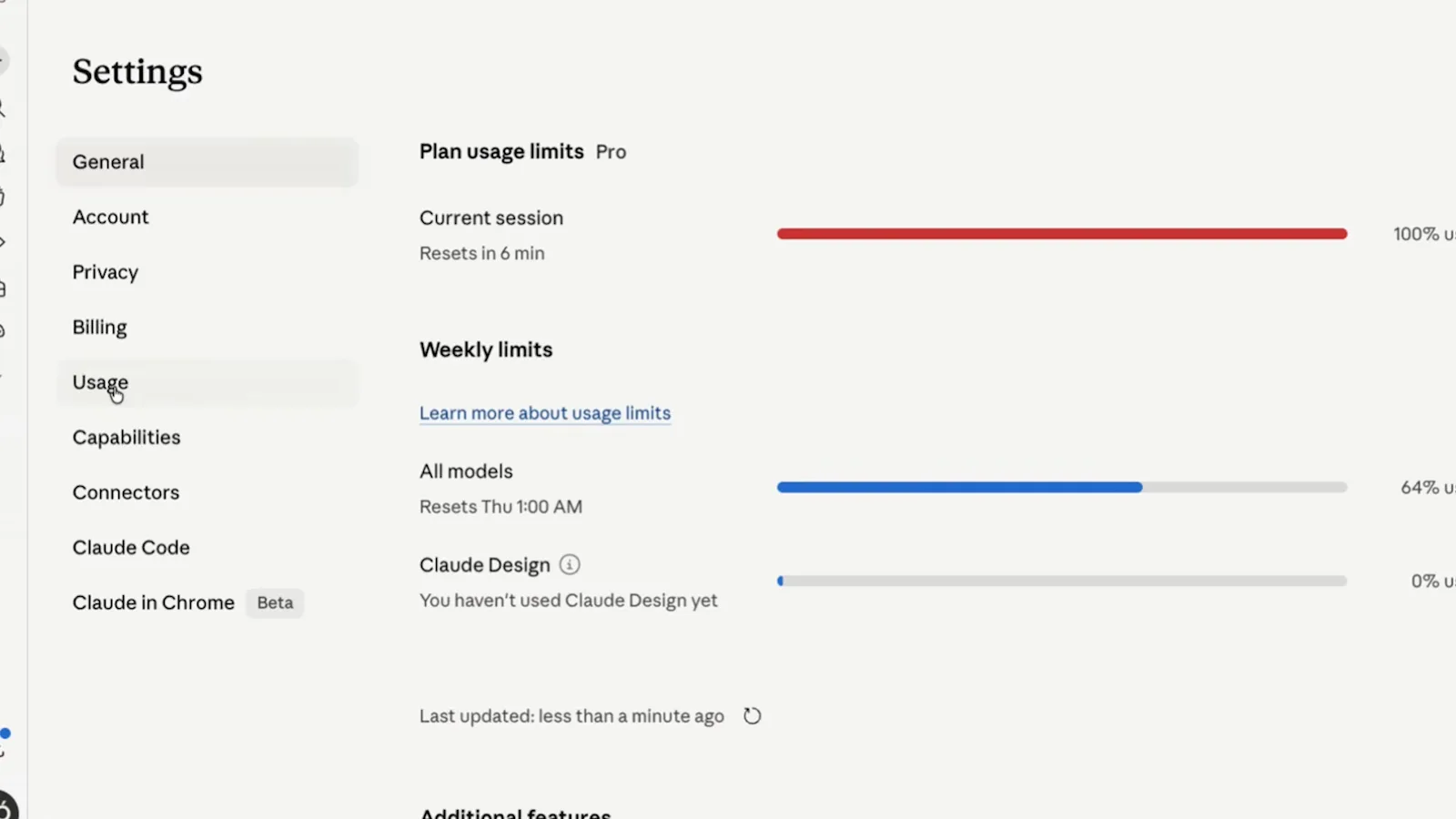 Claude.ai Settings page open on the Usage tab with plan usage limits for a Pro plan showing a red current session bar and blue weekly limit bars for all models