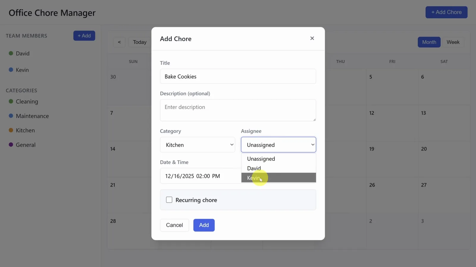 Office Chore Manager Add Chore dialog with Bake Cookies in the Kitchen category assigned to Kevin and the Recurring chore checkbox ticked