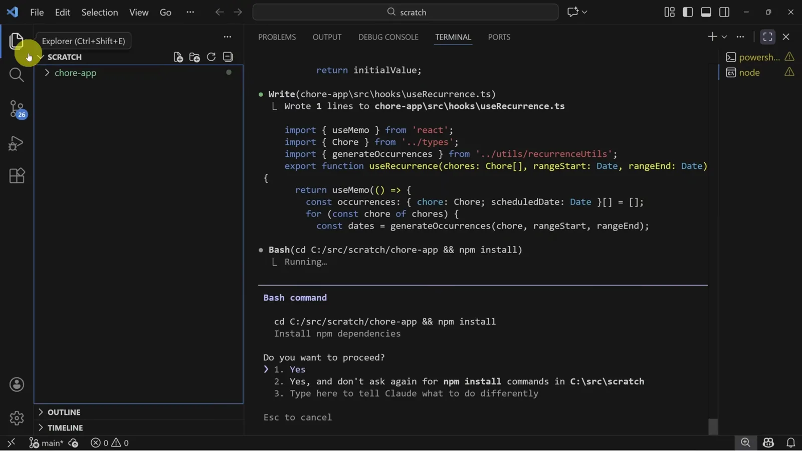 Claude Code permission prompt asking Do you want to proceed before running npm install with three numbered approval options