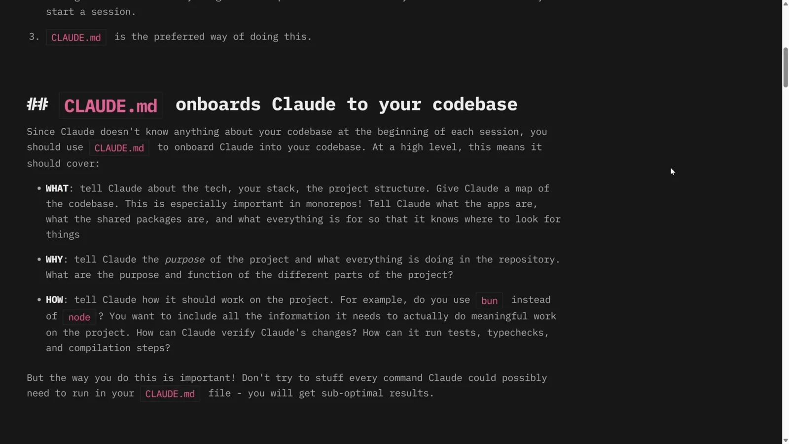 Blog post headed CLAUDE.md onboards Claude to your codebase listing WHAT WHY and HOW guidance for writing the file