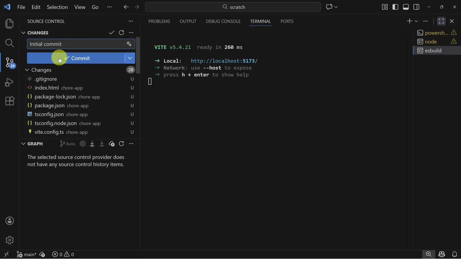 VS Code Source Control panel with staged chore-app files, a commit message box and Publish Branch button beside the running Vite dev server