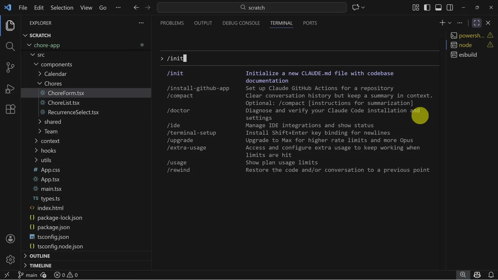 Claude Code slash command menu in VS Code with init highlighted for initializing a new CLAUDE.md file with codebase documentation