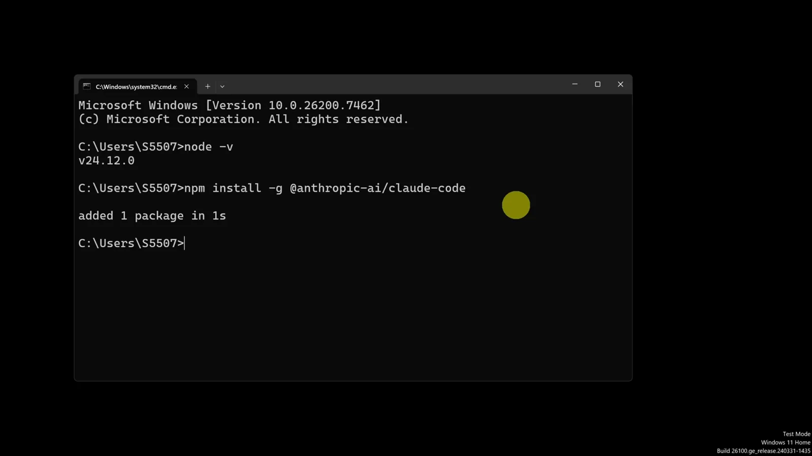 Windows PowerShell showing node -v returning v24.12.0 followed by npm install -g @anthropic-ai/claude-code completing with added 1 package in 1s