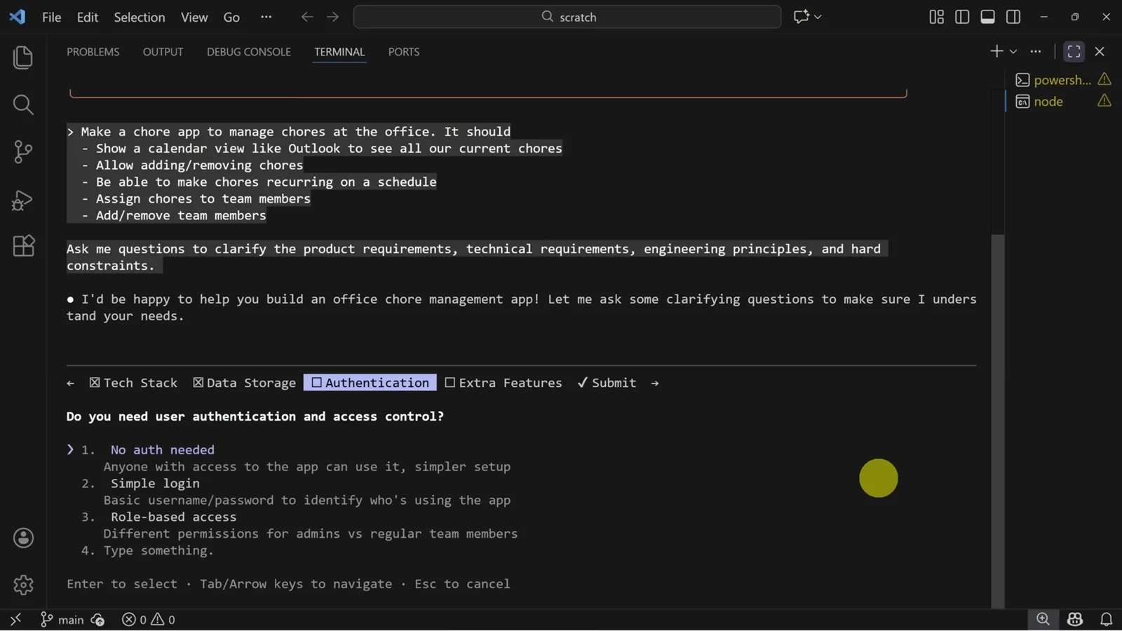 Claude Code plan mode questionnaire with Tech Stack Data Storage Authentication and Extra Features tabs and numbered options for user authentication