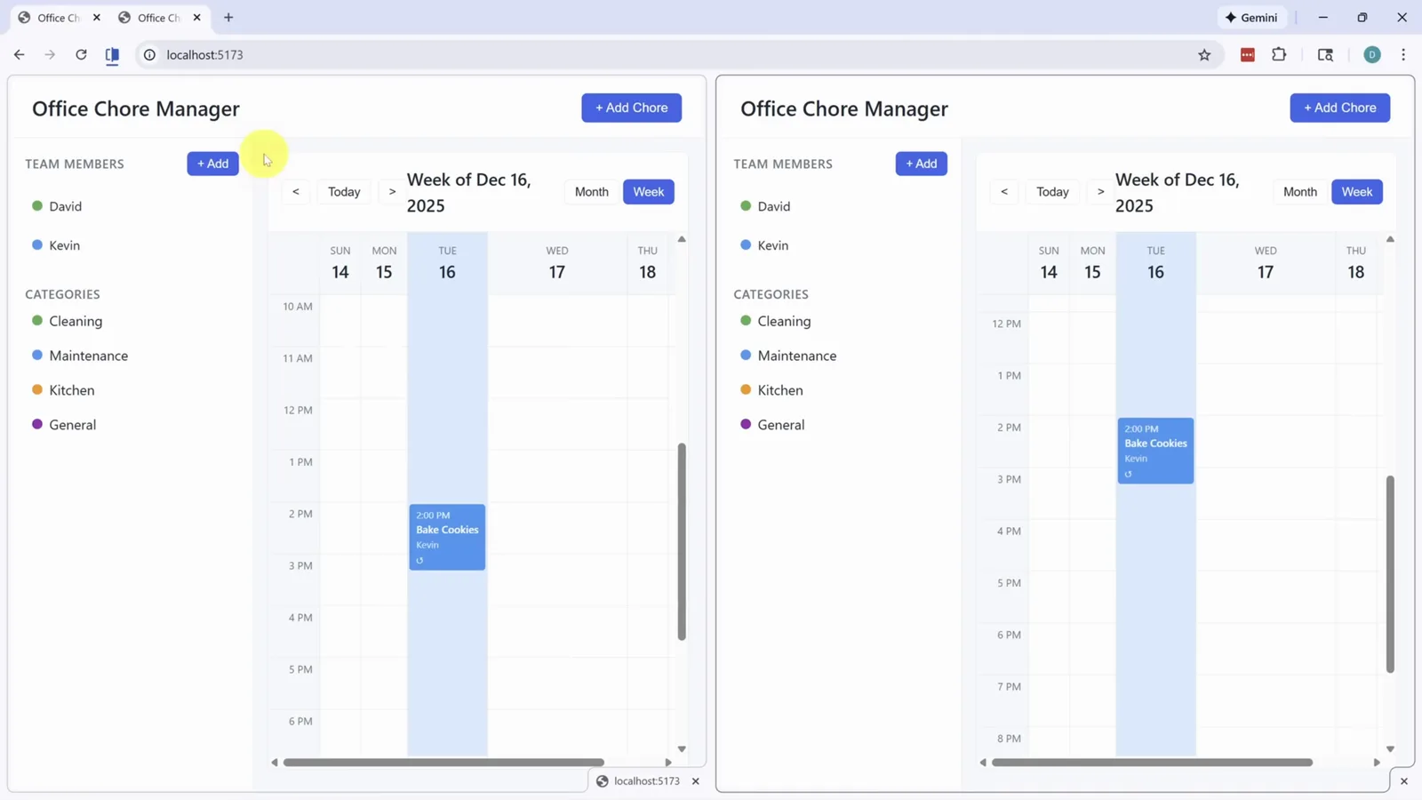 Two Office Chore Manager browser windows side by side showing the same synced week calendar after the WebSocket real-time update