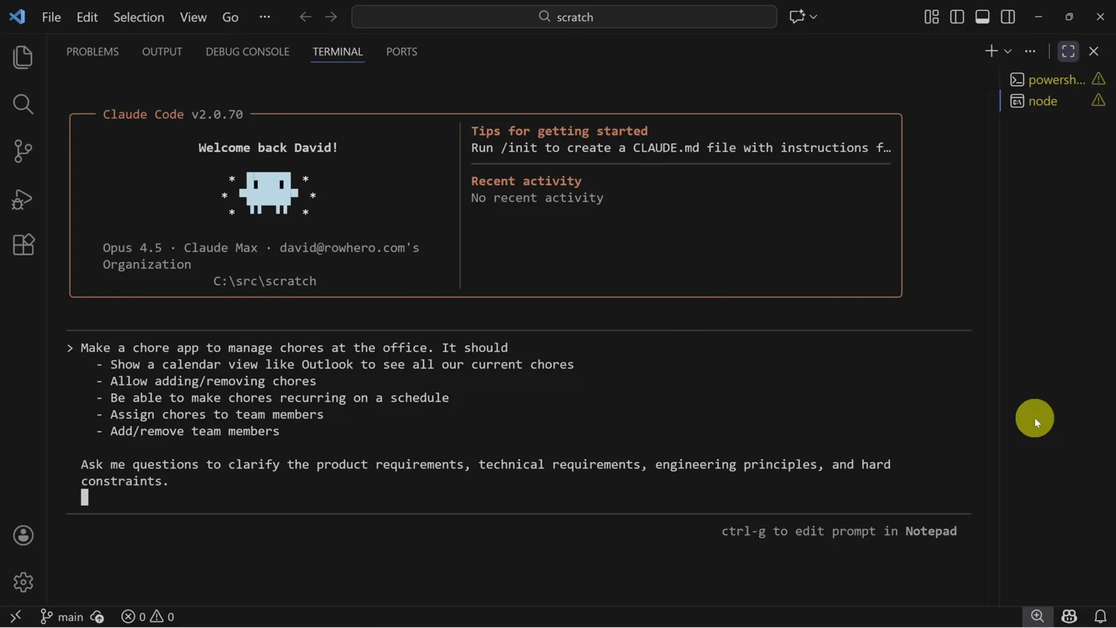Claude Code prompt listing bullet requirements for an office chore app and asking Claude to ask clarifying questions before coding