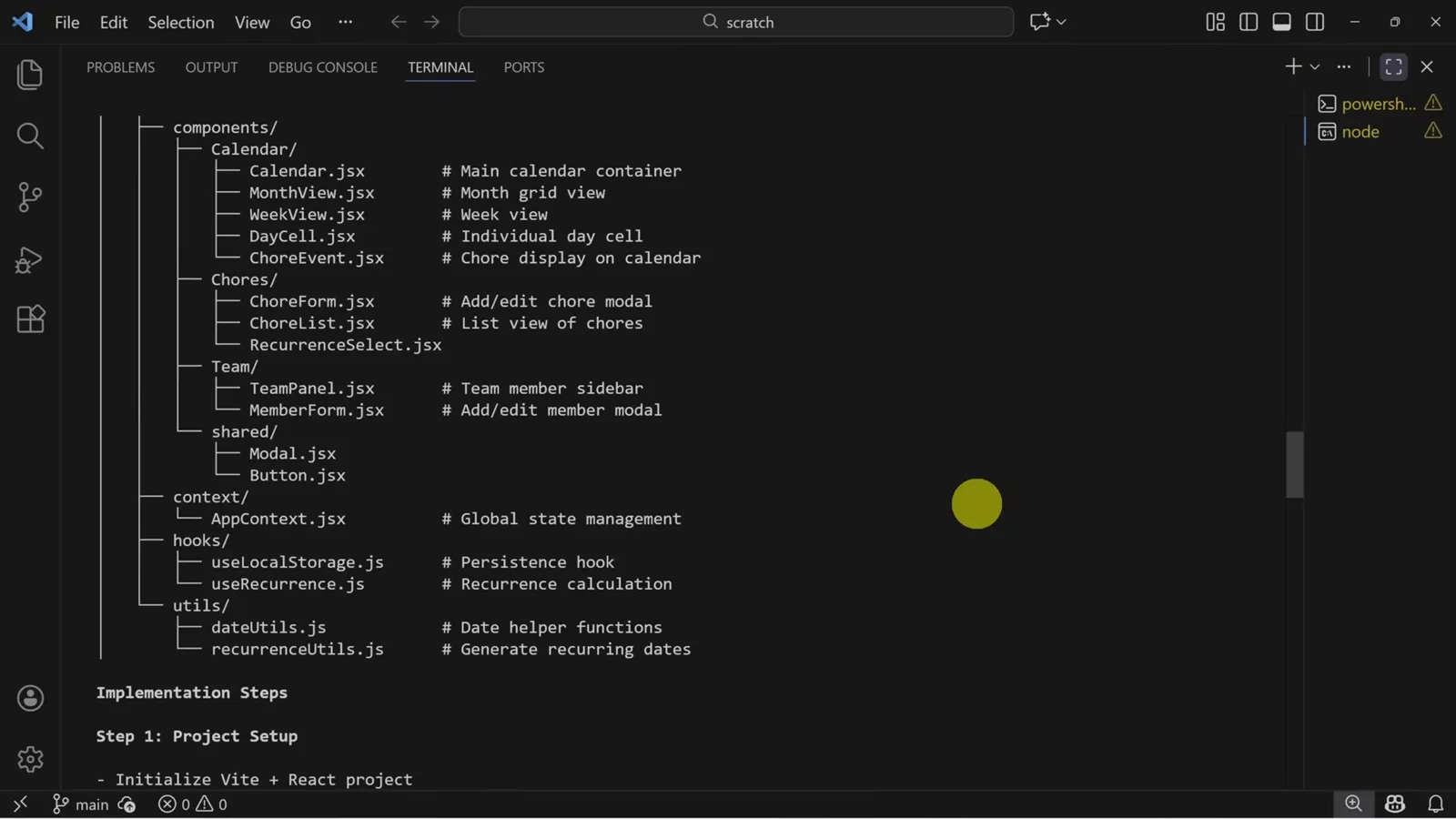 Claude Code implementation plan for the Office Chore Management app showing the annotated component tree and implementation steps list