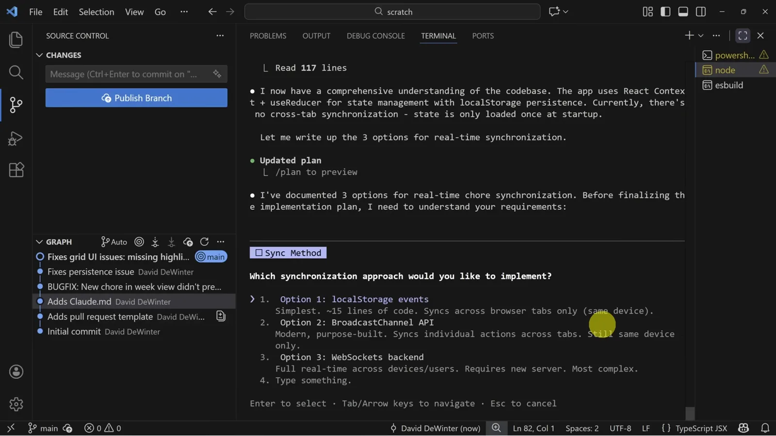 Claude Code plan mode question listing three synchronization approaches LocalStorage events BroadcastChannel API and WebSocket backend with trade-offs