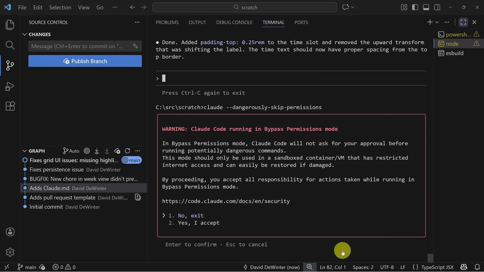 Claude Code warning screen for dangerously-skip-permissions Bypass Permissions mode with a Yes I accept confirmation prompt