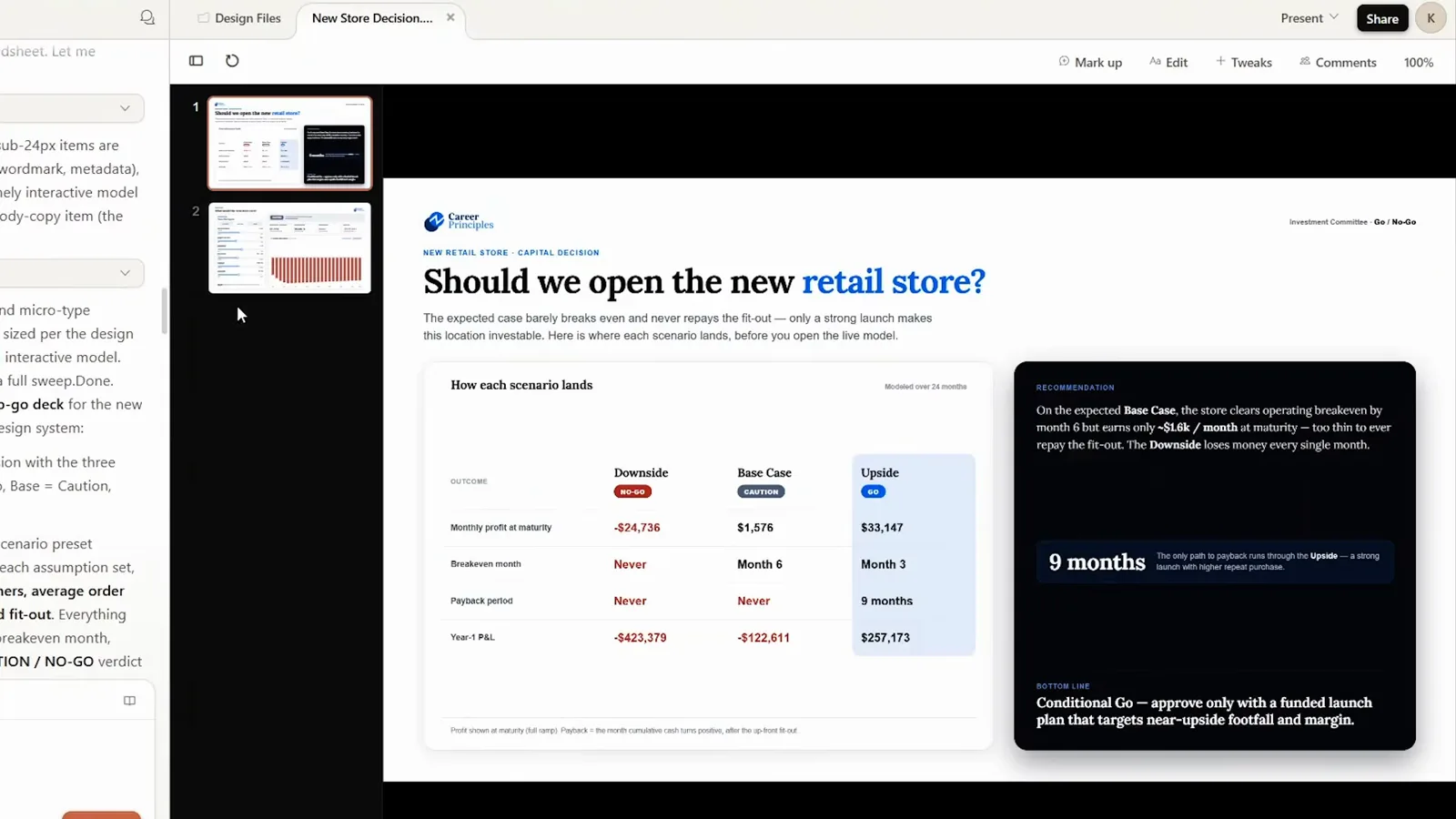 Should we open the new retail store slide in Claude Design comparing downside, base and upside scenarios