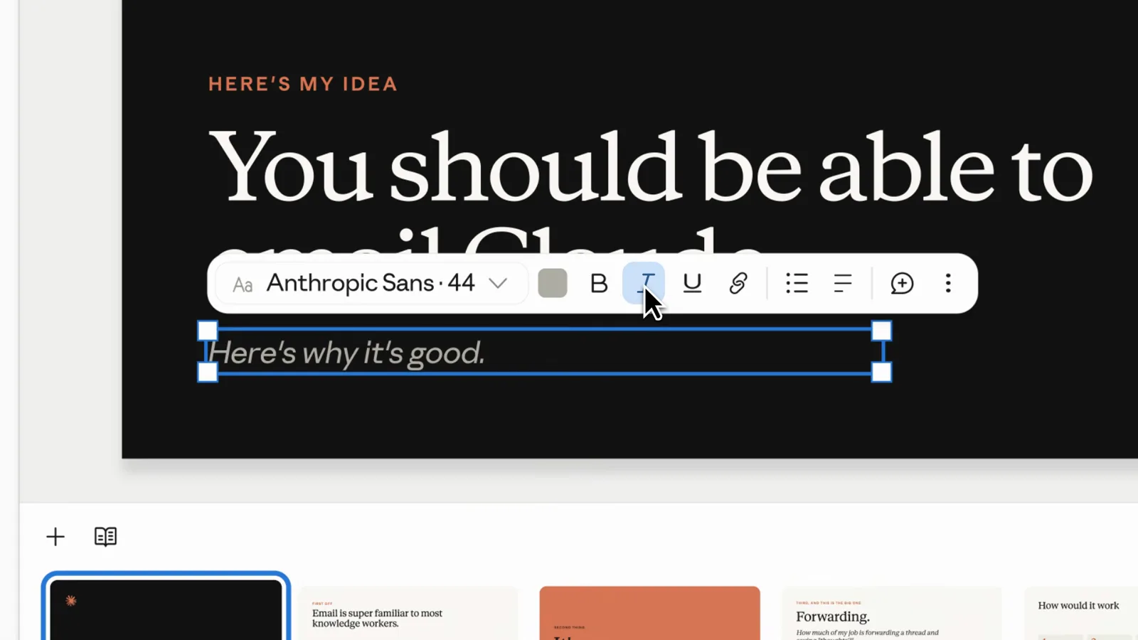 A dark presentation slide with selected text and a floating Anthropic Sans 44 font toolbar above it