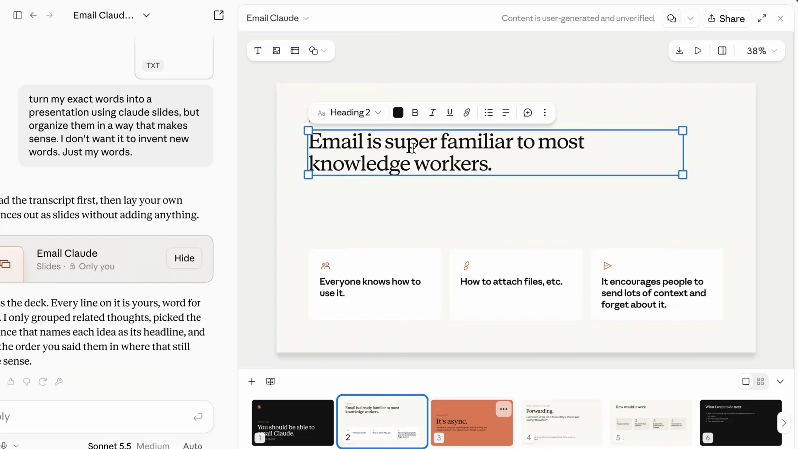 A Claude Slides page being edited with one headline statement and three small support cards below it