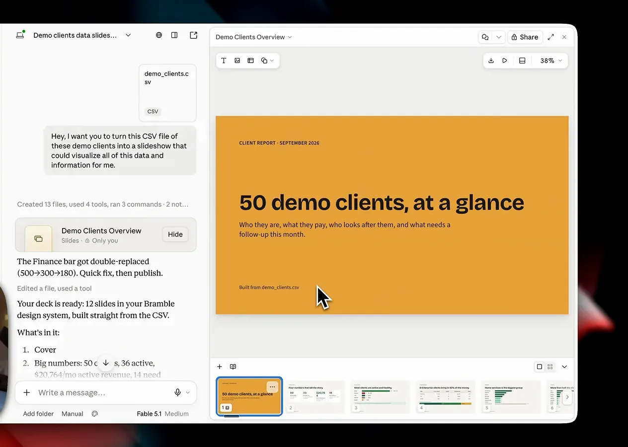 An orange title slide reading 50 demo clients at a glance beside the Claude chat that built it from a CSV file
