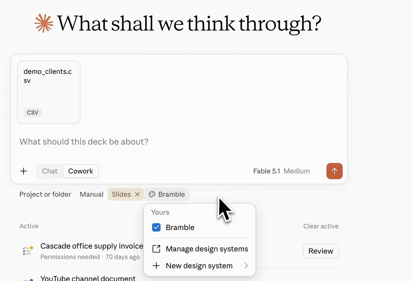 A Claude composer with a CSV attached, the Slides tag active and the Bramble design system dropdown open