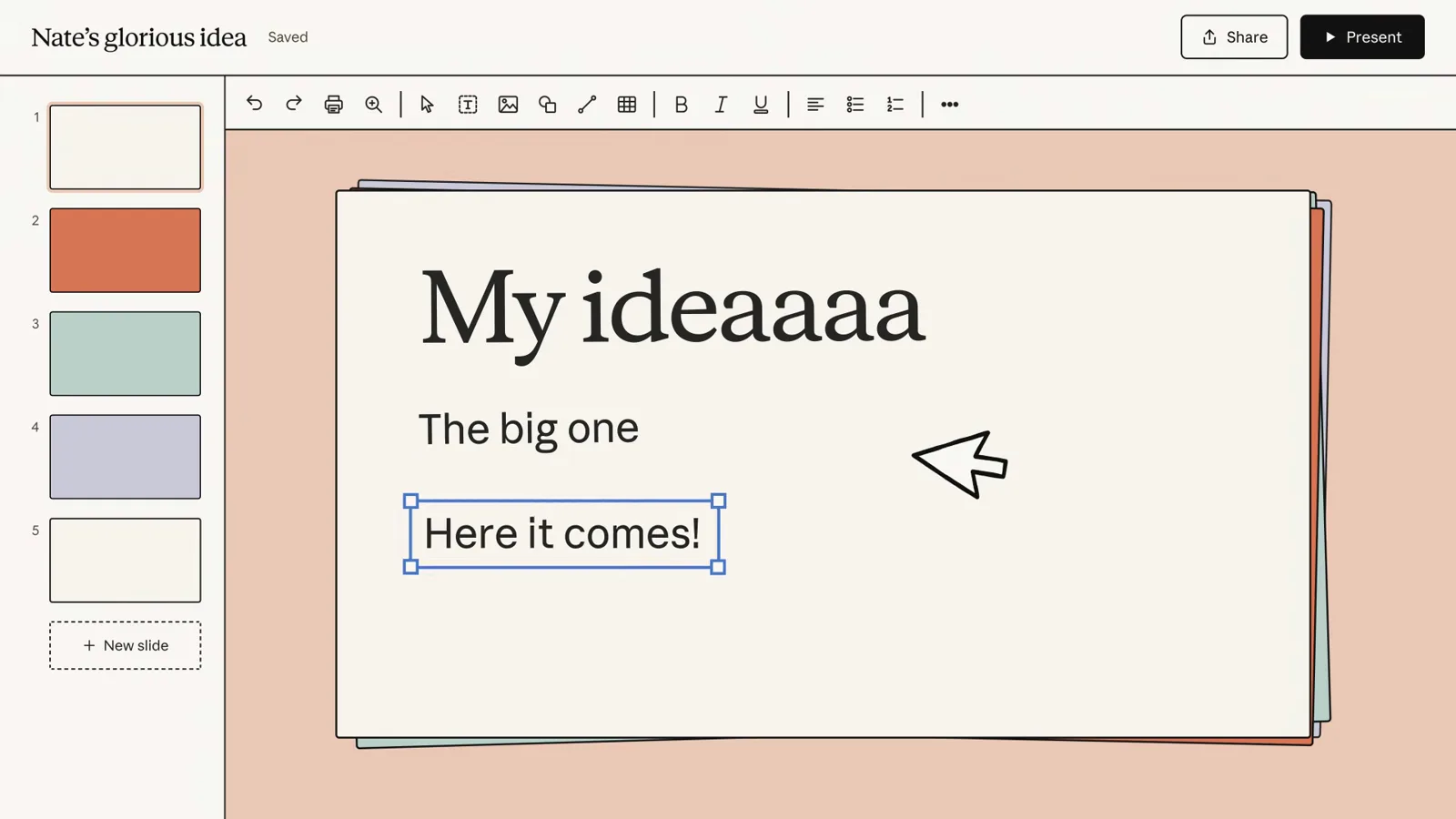A Claude Slides editor with a color swatch rail and a slide titled My ideaaaa selected with resize handles