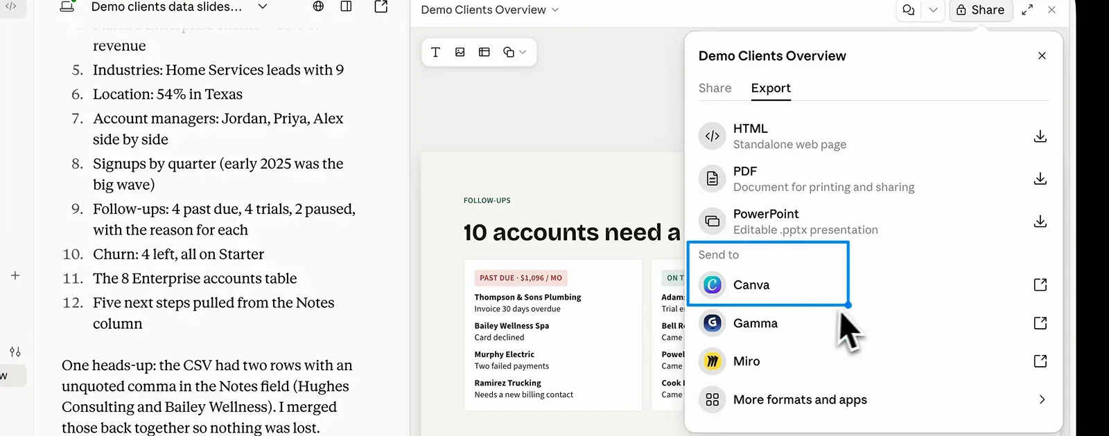 An export menu listing HTML, PDF and PowerPoint downloads plus send-to options for Canva, Gamma and Miro