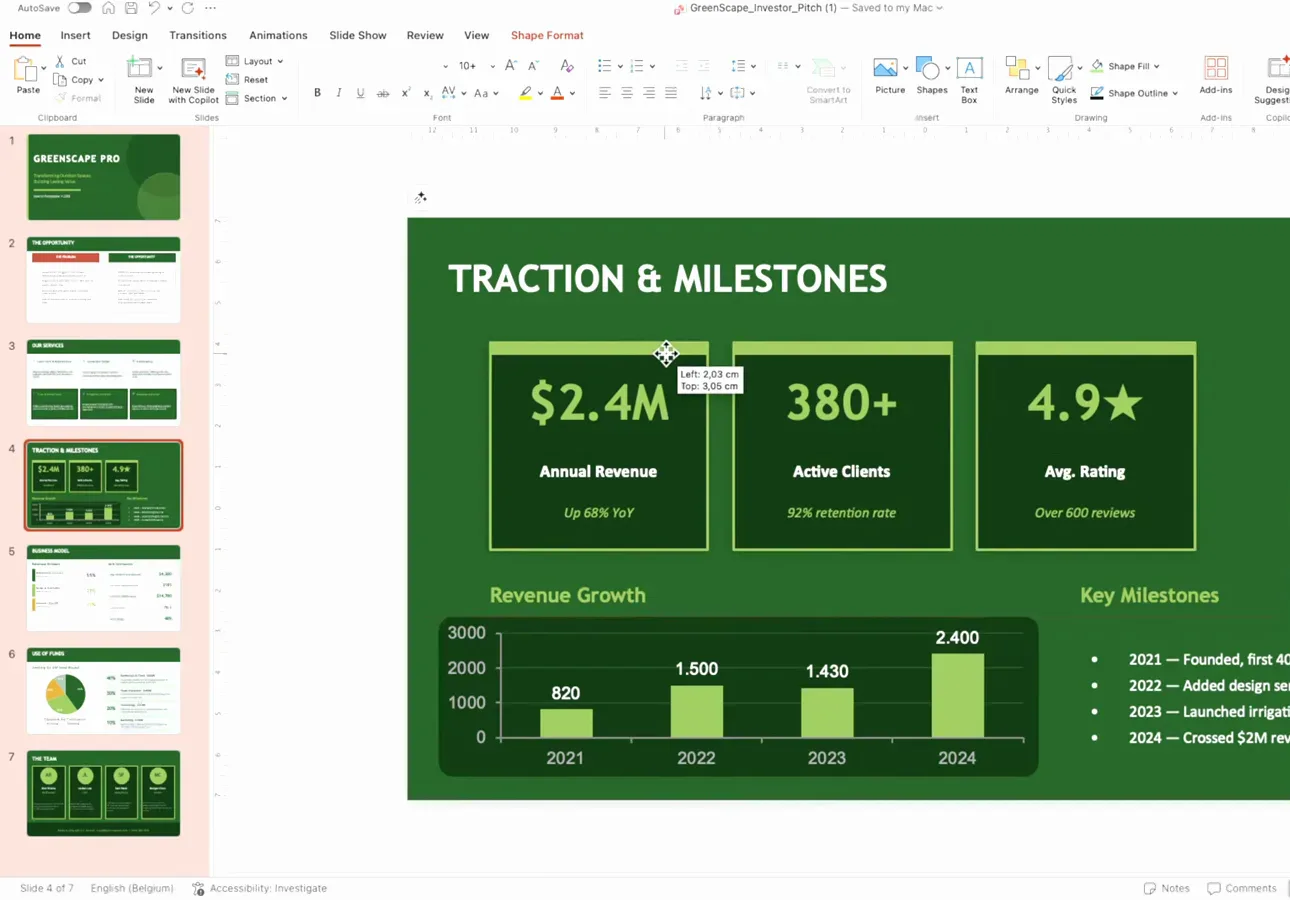 An exported investor deck open in PowerPoint with KPI cards and a revenue growth bar chart being repositioned