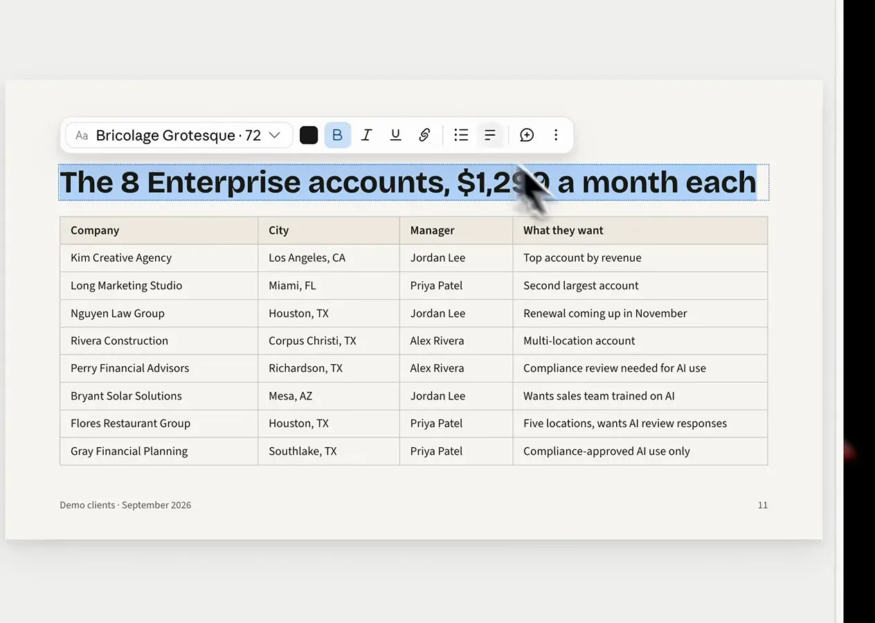 A selected slide headline over a client data table with a floating Bricolage Grotesque 72 text toolbar