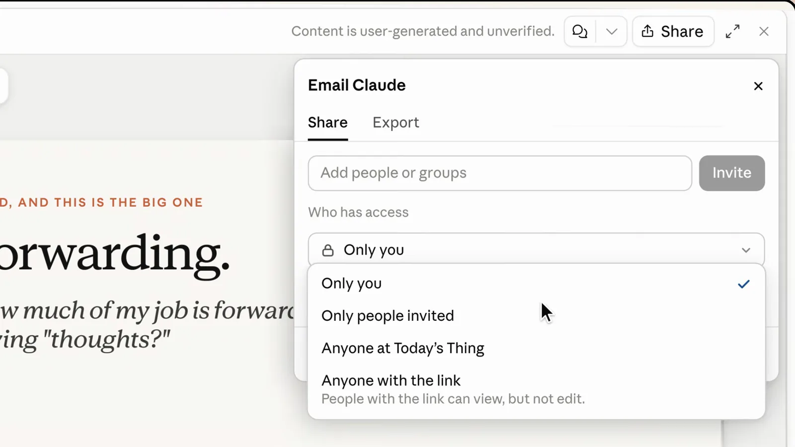 A Claude share dialog with the access dropdown open showing only you, invited people, organization and link options