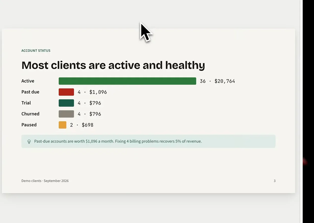 A slide with a horizontal bar chart of account statuses and a highlighted insight line underneath it