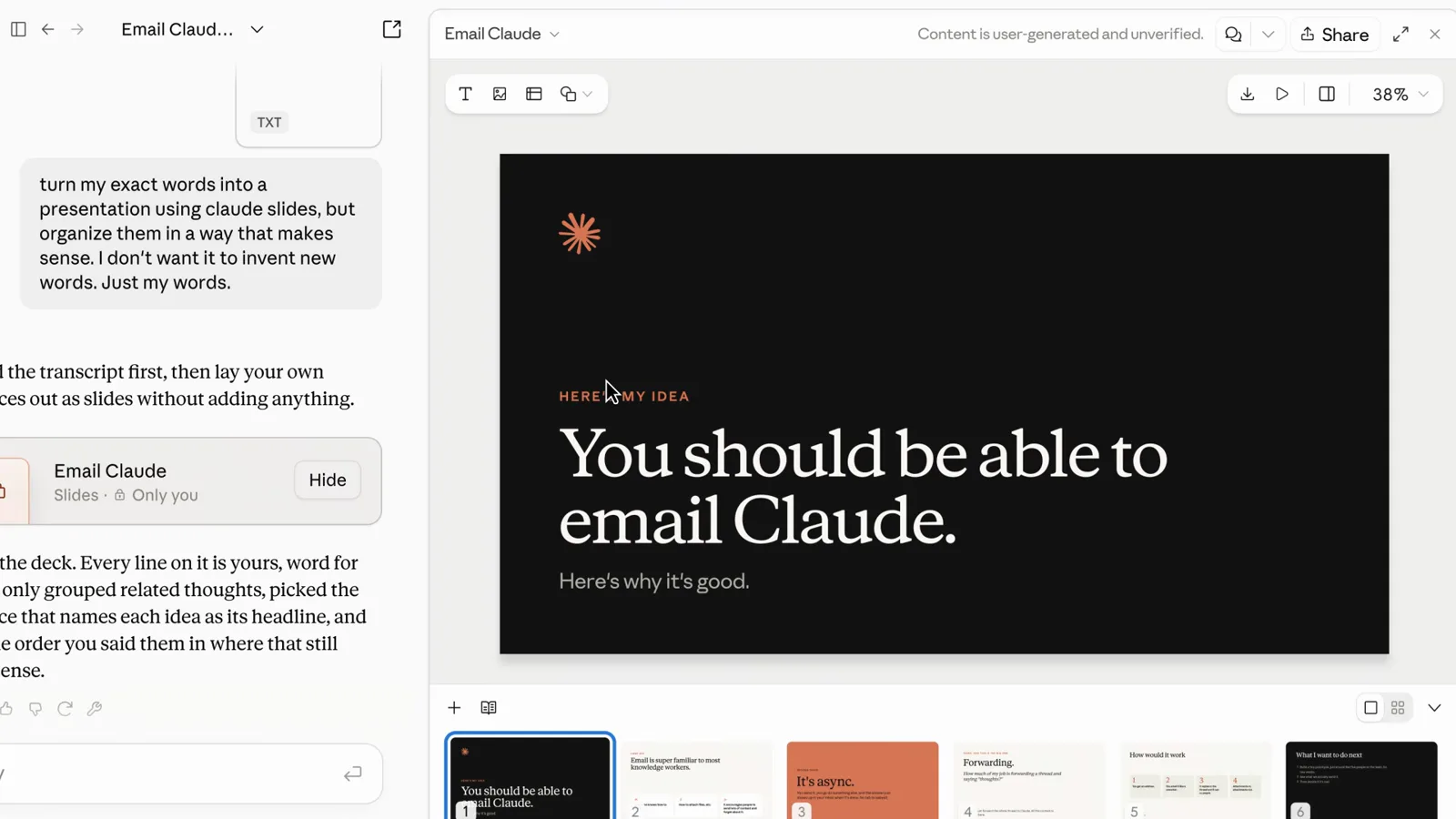 A Claude chat reply offering to lay transcript sentences out as slides beside a dark branded title slide in the slides panel