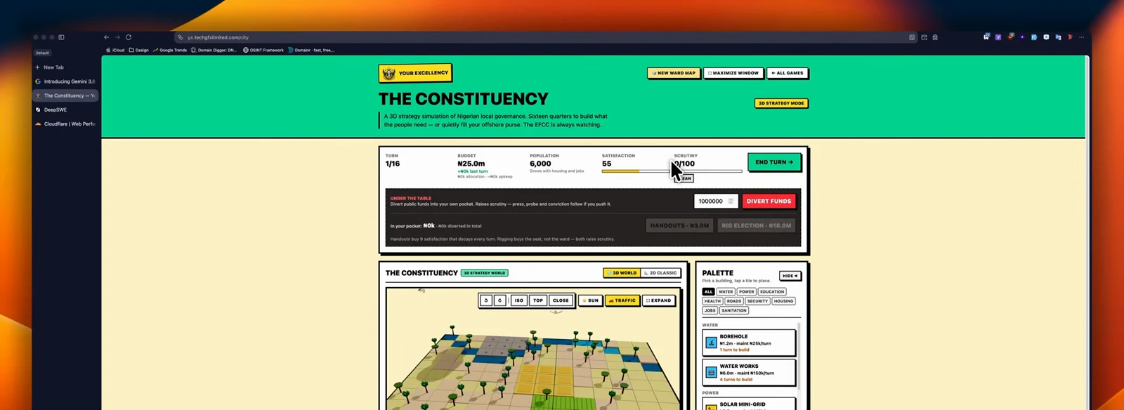 The Constituency, a 3D strategy game built by Gemini 3.8 Flash in Antigravity, shows its budget bar, build palette, scrutiny meter and isometric map. The Constituency, a 3D strategy game built by Gemini 3.8 Flash in Antigravity, shows its budget bar, build palette, scrutiny meter and isometric map.