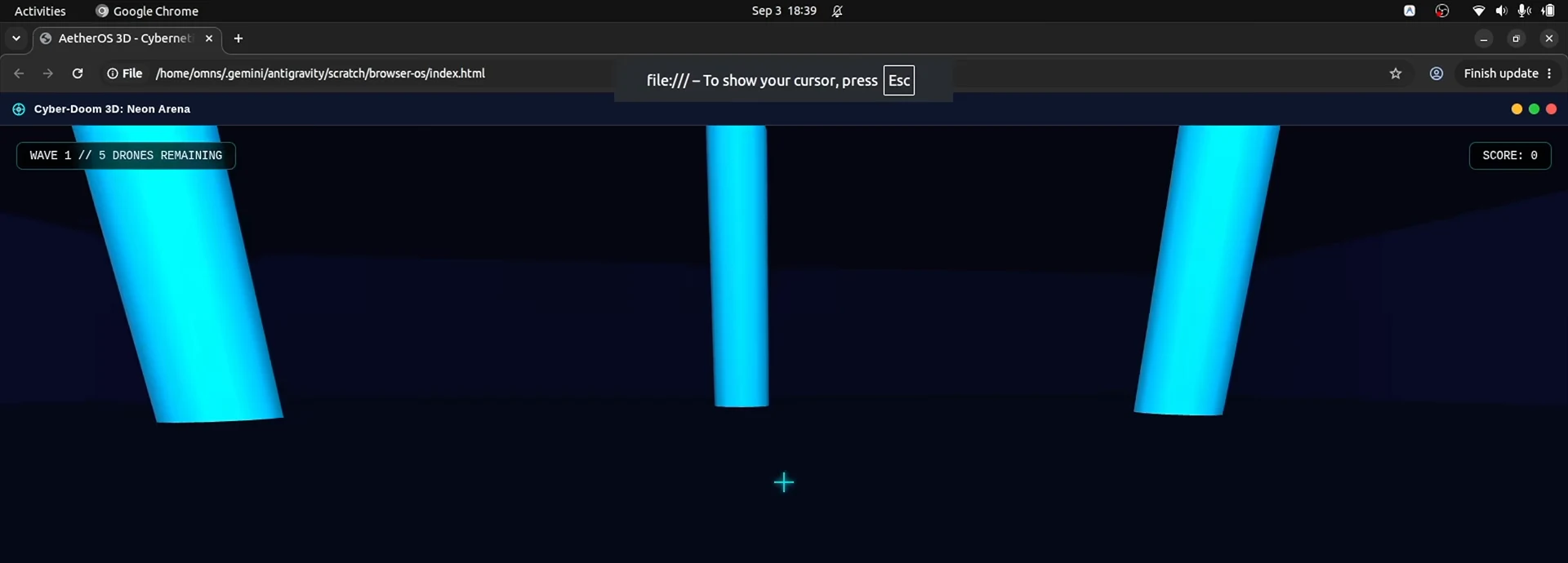 A synthwave browser OS built by Gemini 3.8 Flash runs its built-in Cyber-Doom 3D neon arena game with a wave counter and score readout in the browser. A synthwave browser OS built by Gemini 3.8 Flash runs its built-in Cyber-Doom 3D neon arena game with a wave counter and score readout in the browser.