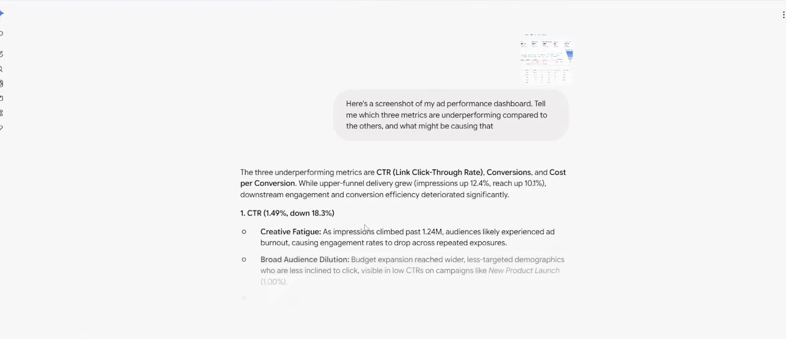 Gemini 3.8 Flash reads an uploaded ad dashboard screenshot and lists CTR, conversions and cost per conversion as the underperforming metrics with likely causes. Gemini 3.8 Flash reads an uploaded ad dashboard screenshot and lists CTR, conversions and cost per conversion as the underperforming metrics with likely causes.