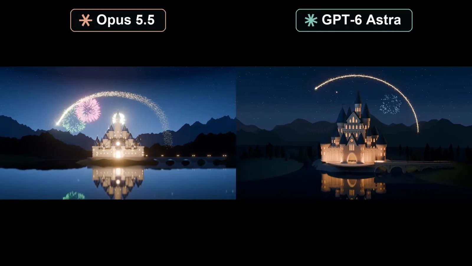 Split-screen Blender castle renders labeled Opus 5.5 and GPT-6 Astra with fireworks over water in the same night scene