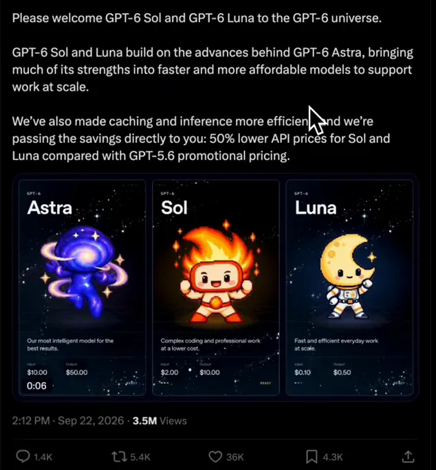 OpenAI welcome post showing GPT-6 Astra, Sol and Luna mascot cards with 10 dollar, 2 dollar and 0.10 dollar input prices