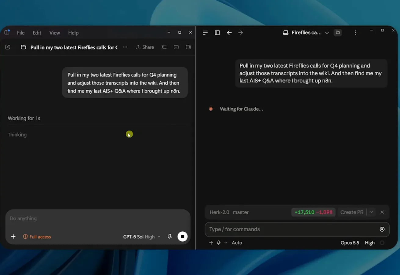 Claude and Codex desktop apps running the same Fireflies transcript task side by side on one screen