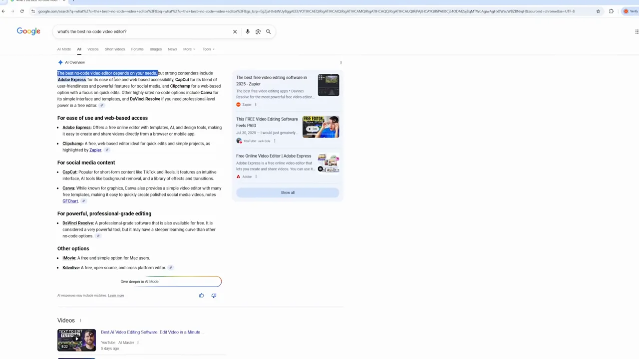 谷歌AI Overview正在回答无代码视频剪辑软件问题,按场景分组推荐工具并附来源 谷歌AI Overview正在回答无代码视频剪辑软件问题,按场景分组推荐工具并附来源
