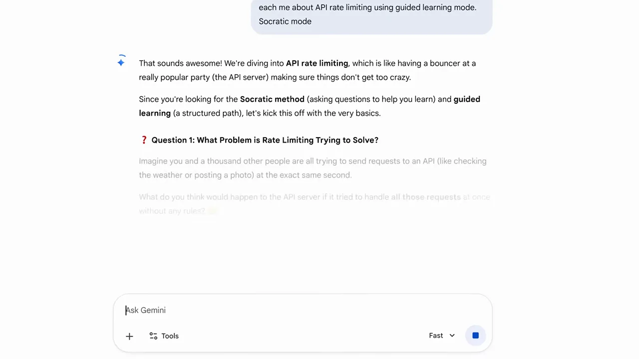 Gemini 3的Guided Learning回复以关于API限流的第一个提问开场,而非直接给出答案 Gemini 3的Guided Learning回复以关于API限流的第一个提问开场,而非直接给出答案