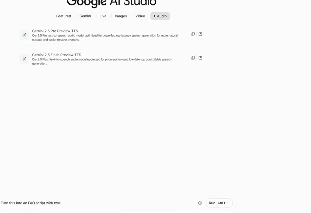 Google AI Studio的音频模型列表显示Gemini TTS选项,输入框中已键入双人FAQ脚本需求 Google AI Studio的音频模型列表显示Gemini TTS选项,输入框中已键入双人FAQ脚本需求