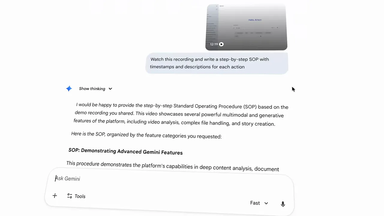 Gemini 3正在根据上传的屏幕录像起草分步SOP,内容按功能类别整理 Gemini 3正在根据上传的屏幕录像起草分步SOP,内容按功能类别整理